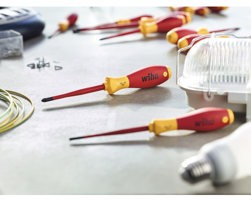 Szene mit mehreren Schraubendrehern, Leuchtmitteln und Installationsmaterialien.