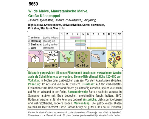 Informationen zur Aussaat und Ernte von Wilder Malve, Mauretanischer Malve, Großer Käsepappel