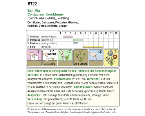 Anleitung für Ball Mix Kornblumenanbau mit Informationen zu Vorkultur, Pflanzung, Direktsaat und Blüte