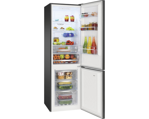 Geöffneter Kühlschrank mit Gefrierfach, gefüllt mit Lebensmitteln