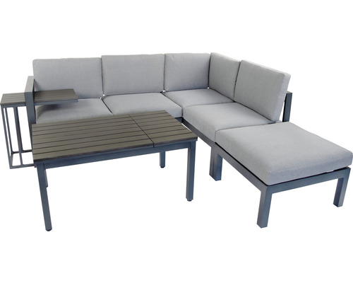 Graue Gartenlounge mit Tisch und Hocker