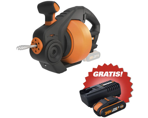 Akku-Rohrreinigungswelle von Worx mit 20 Volt Akku und Ladegerät inklusive gratis Akku und Ladegerät.