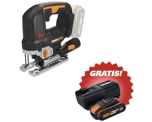 Worx Nitro Akku-Stichsäge mit bürstenlosem Motor, inklusive gratis 20 Volt Akku und Ladegerät.
