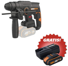 Worx Nitro Akku-Bohrhammer mit bürstenlosem Motor, Zusatzhandgriff und gratis Set bestehend aus Ladegerät und Akku.