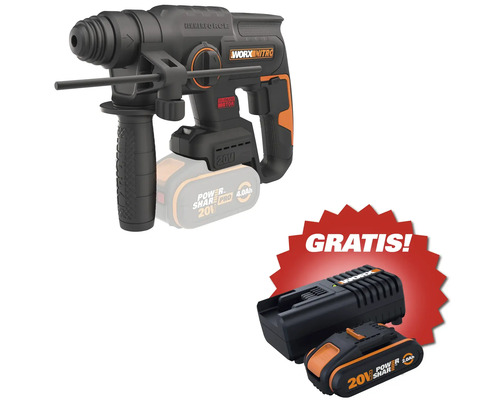 Worx Nitro Akku-Bohrhammer mit bürstenlosem Motor, Zusatzhandgriff und gratis Set bestehend aus Ladegerät und Akku.