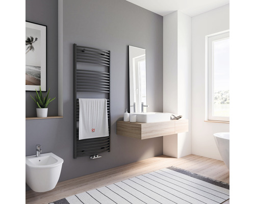 Designheizkörper Schulte Europa 1535x600 mm anthrazit matt mit Mittelanschluss Modernes Badezimmer mit Handtuchwärmer, Bidet, Waschbecken und Spiegel