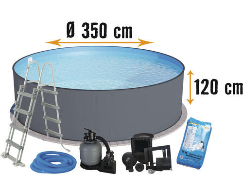 Aufstellpool Stahlwandpool-Set Planet Pool rund Ø 350x120 cm inkl. Sandfilteranlage, Leiter, Einbauskimmer, Filtersand & Anschlussschlauch grau