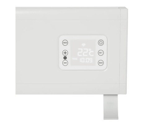 Detailansicht eines Heizkörpers mit digitalem Display zur Temperaturanzeige und Zeitschaltuhr