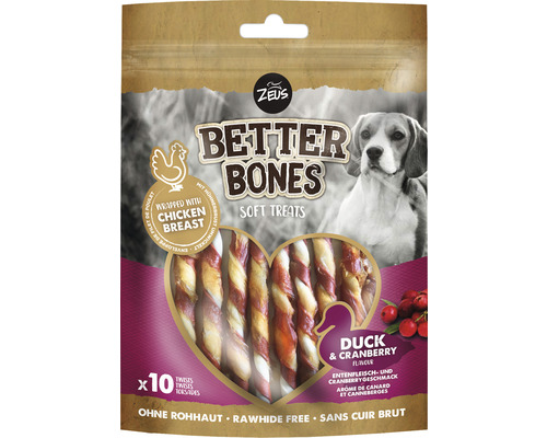 Hundesnack Zeus BetterBones Twist Ente mit Cranberry 10 cm 10 Stück 114 g Kauartikel Zeus Better Bones Soft Treats für Hunde mit Enten- und Cranberrygeschmack, zehn Stück
