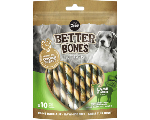Hundesnack Zeus BetterBones Twist Lamm mit Minze 10 cm 10 Stück 114 g Kauartikel Zeus Better Bones Soft Treats für Hunde mit Lammfleisch, Minze und Hühnchengeschmack, rawhidefrei
