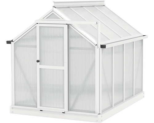 Gewächshaus mit geöffneter Tür und durchscheinenden Wänden