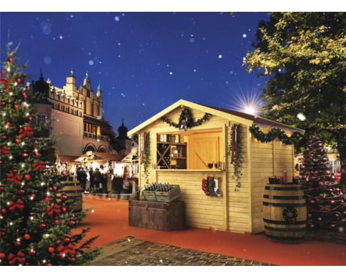 Weihnachtsmarktstand auf einem festlichen Platz mit Christbäumen und funkelnden Lichtern.