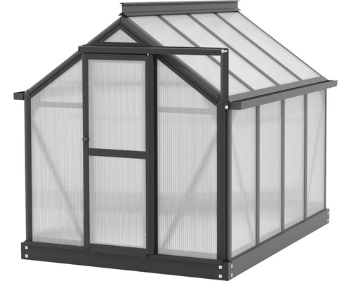 Gewächshaus mit geöffneter Tür zur Pflanzenzucht