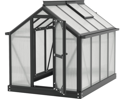 Gewächshaus mit geöffneter Tür und Dachfenster