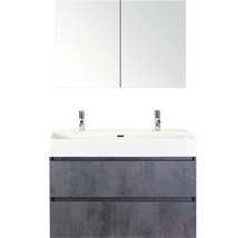 Waschtisch mit zwei Becken, Unterschrank mit zwei Schubladen und Spiegelschrank