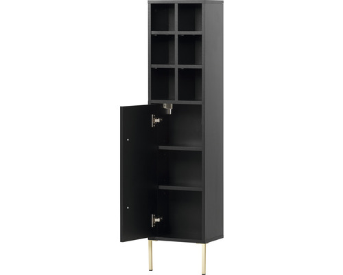 Schwarzer Hochschrank mit offenen Regalen und einer Tür auf goldenen Beinen.