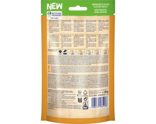 Rückseite der Vita Kraft Rabbit Hundesnacks Verpackung mit Informationen zu Inhaltsstoffen und Fütterungsempfehlungen.