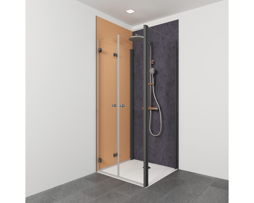 Drehfalttüre mit Seitenwand Brauer 900x900x2000 mm Echtglas Klar hell schwarz Dusche mit Duschkabine und Duschpaneel im Badezimmer