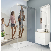 Modernes Badezimmer mit Duschkabine, Waschtisch und Spiegel