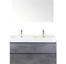 Waschtisch mit zwei Waschbecken, Armaturen und Spiegel für das Badezimmer