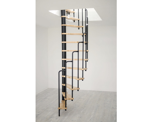 Pertura Spindeltreppe Nox Buche massiv Ø 120 cm Schwarz 11 Stufen 12 Steigungen Spindeltreppe mit Holzstufen und Geländer