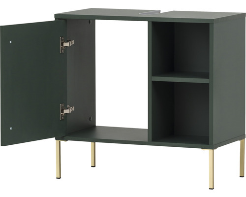 Waschbeckenunterschrank mit offener Tür und Regalen