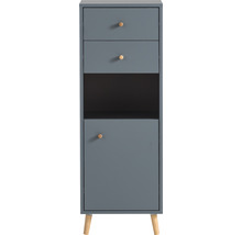 Schmaler Badezimmerschrank mit zwei Schubladen, einem offenen Fach und einer Tür