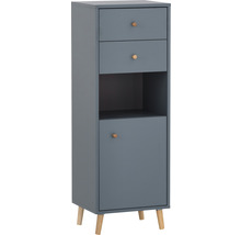 Schmaler Badezimmerschrank mit zwei Schubladen, einem offenen Fach und einer Tür