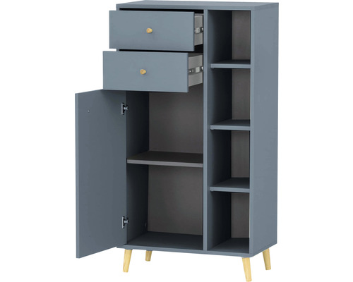 Grauer Mehrzweckschrank mit zwei Schubladen, einer Tür und offenen Regalen