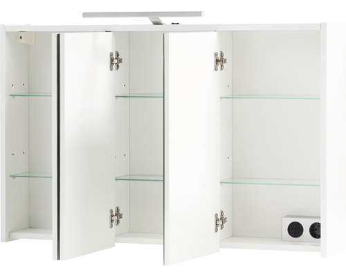 Weißer Spiegelschrank mit drei Türen, Glasregalen und Beleuchtung