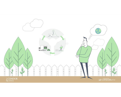 Illustration zur Nachhaltigkeit von Condor Grass mit Mann, Bäumen und Kreislaufgrafik