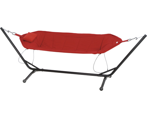 Rote Hängematte mit Gestell und Kissen