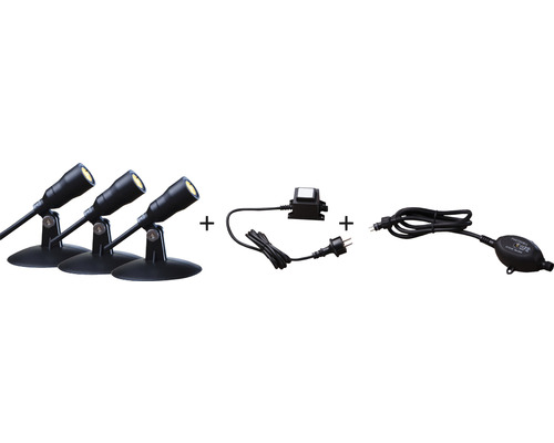 Teichbeleuchtung Heissner SMART LIGHTS Starter-Set LED-Spots, LED-Leuchte, 3 Spots, warmweiß 4 x 1 Watt ∅ 3 x 7 mm Gartenbeleuchtung, Poolbeleuchtung Set aus drei Strahlern inklusive Trafo und Dämmerungssensor für den Außenbereich
