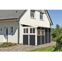 Gartenhaus aus Holz mit Vordach an einem Wohnhaus