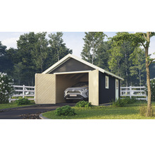 Garage aus Holz mit geöffneten Türen und einem Auto darin.