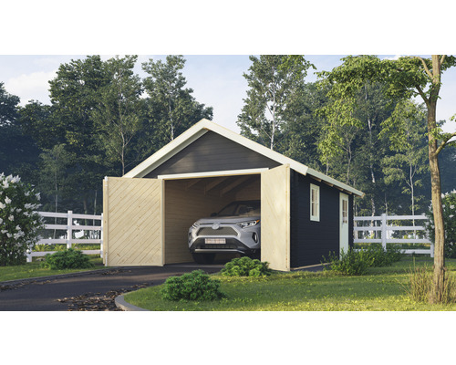 Garage aus Holz mit geöffneten Türen und einem Auto darin.