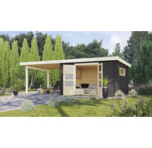 Modernes Gartenhaus mit überdachter Terrasse, Gartenmöbeln und Pflanzen