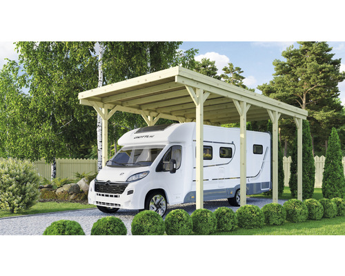 Einzelcarport Karibu Caravan 394 x 712 cm kesseldruckimprägniert Wohnmobil unter einem Holzcarport im Garten