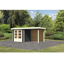 Gartenhaus mit Anbau auf gepflasterter Fläche