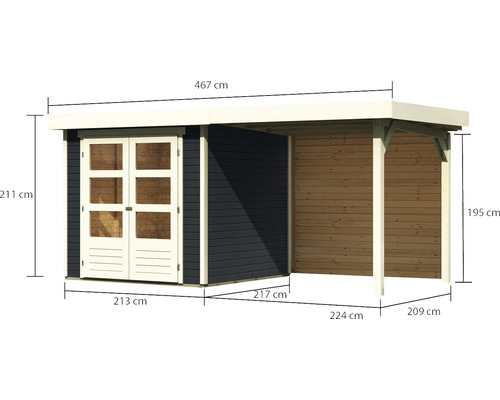 Abmessungen eines Gartenhauses mit Anbau