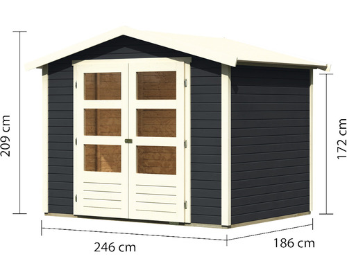 Gartenschuppen mit den Maßen 246 cm x 186 cm x 209 cm