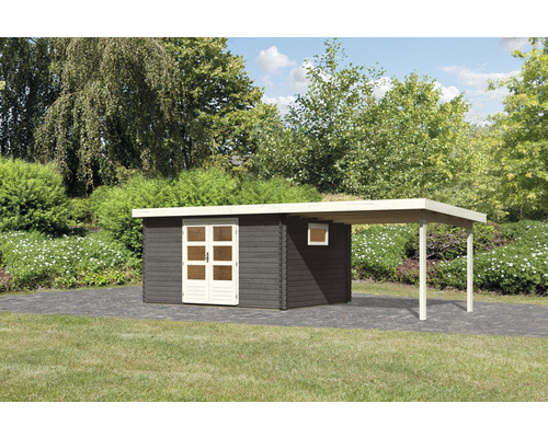 Gartenhaus mit Anbau auf Rasenfläche