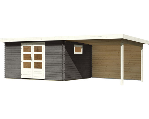 Holzgartenhaus mit Doppeltür und seitlichem Unterstand