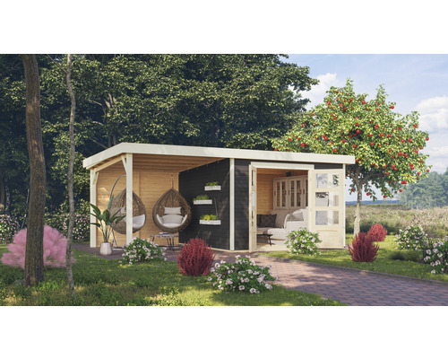 Gartenhaus Karibu Naomi 6 inkl. Anbau 2,4 m mit Rückwand 558 x 331 cm grau Holz Gartenhaus mit überdachter Terrasse und Sitzgelegenheiten im Garten