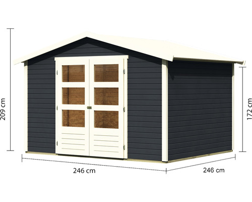 Gartenhaus aus Holz mit Doppeltür und Größenangaben