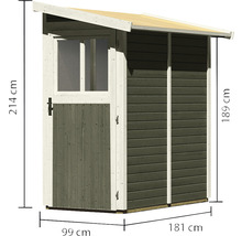Gartenhaus aus Holz mit Tür, Fenster und Maßangaben