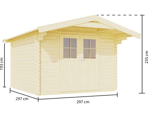 Gartenhaus aus Holz mit Doppeltür und den Maßen 297 x 297 x 235 cm
