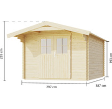 Holzgartenhaus mit Doppeltür und den Maßen 297 mal 387 Zentimeter