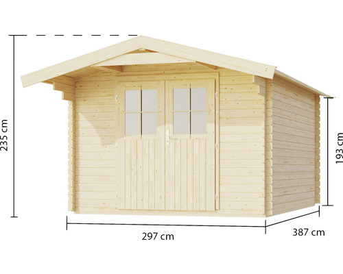 Holzgartenhaus mit Doppeltür und den Maßen 297 mal 387 Zentimeter