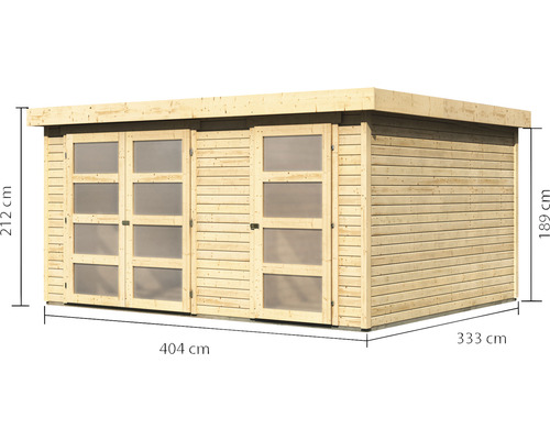 Holzgartenhaus mit Fenstertüren und Maßangaben